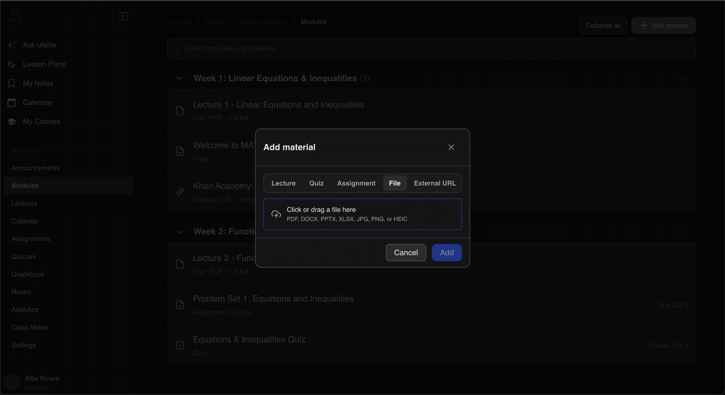 Screenshot: course material upload